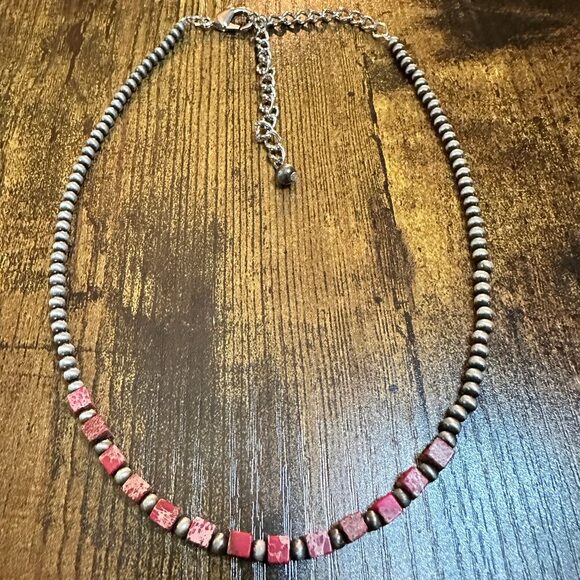 Handmade Square Gemstone Necklace with Navajo Beads 15 to 20 Inches - Picture 3 of 7